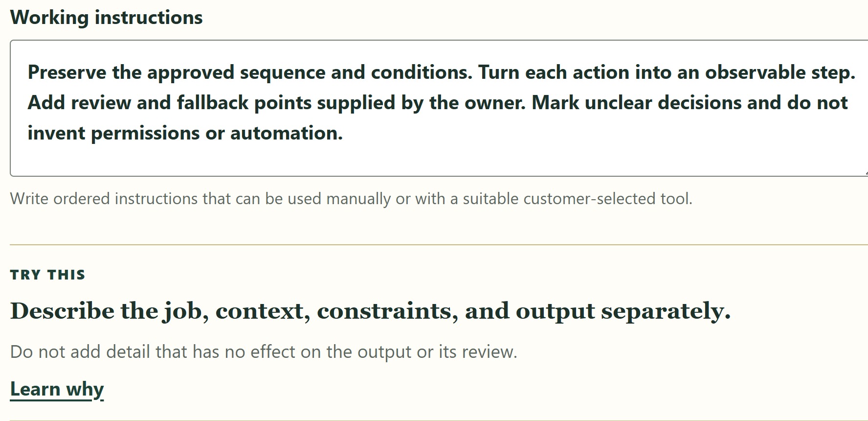 The purchased workbook's built-in Prompt-to-SOP example, with guidance for human review.